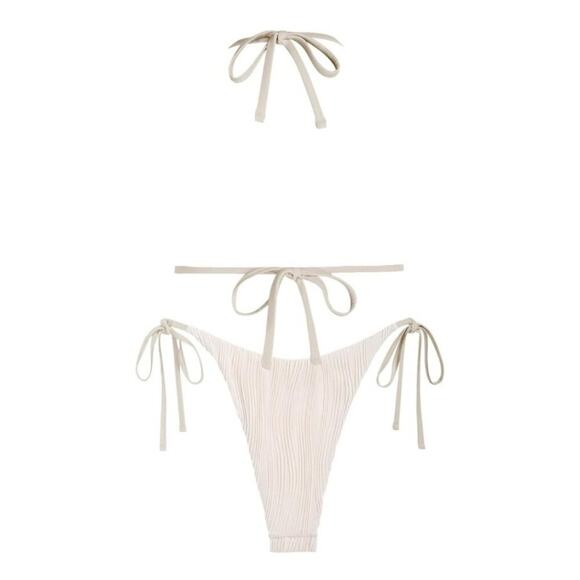 Zaful Women’s Bikini L Beige Halter Ribbed Tie Side Strappy Thong Swim Set - Picture 3 of 7